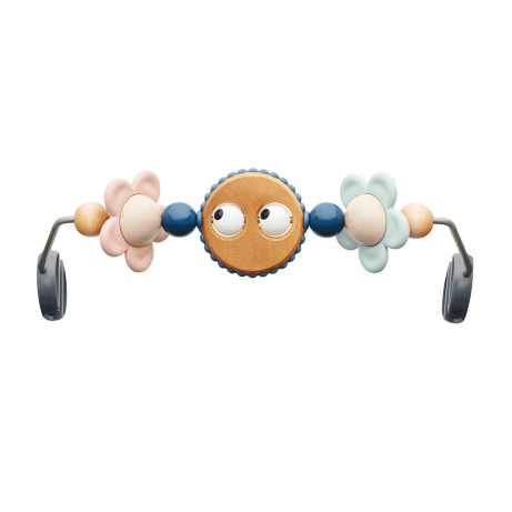 Colorful baby stroller toy with a central round character with eyes, surrounded by pastel beads and flower shapes, attached by clips.
