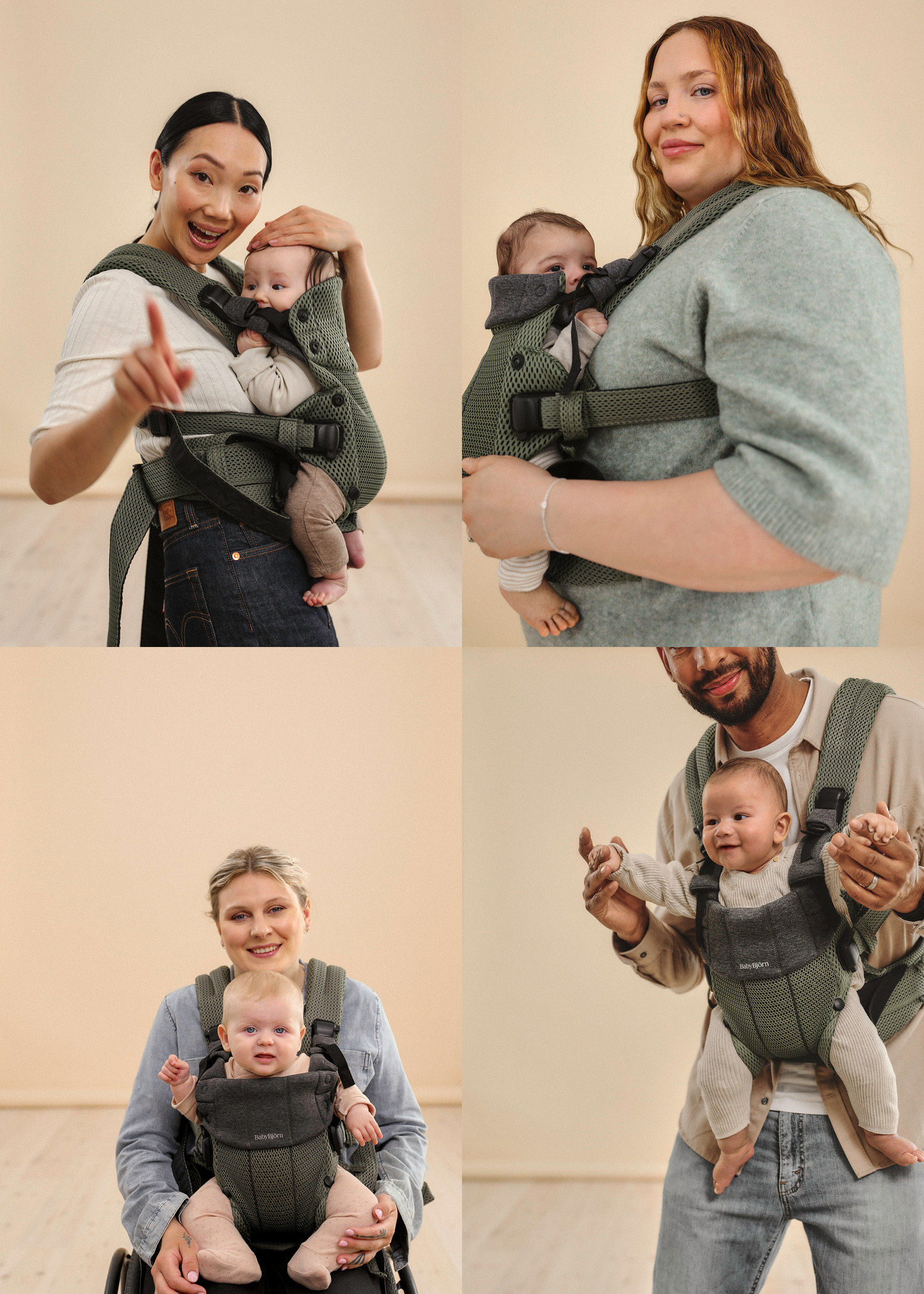 Four adults, each carrying a baby in a green baby carrier. They are smiling and standing against a neutral background.
