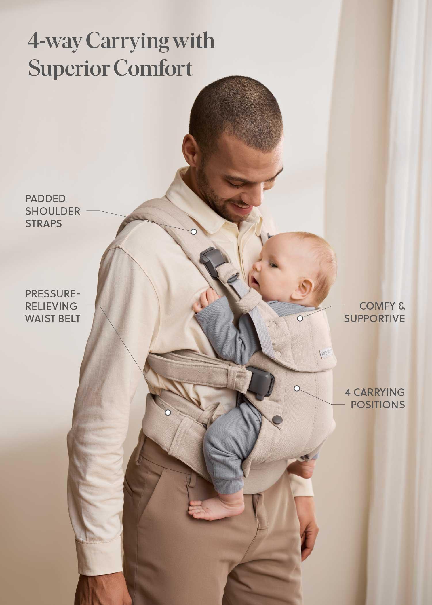 Man wearing a beige baby carrier holding an infant, showing features like padded shoulder straps, pressure-relieving waist belt, and four carrying positions.