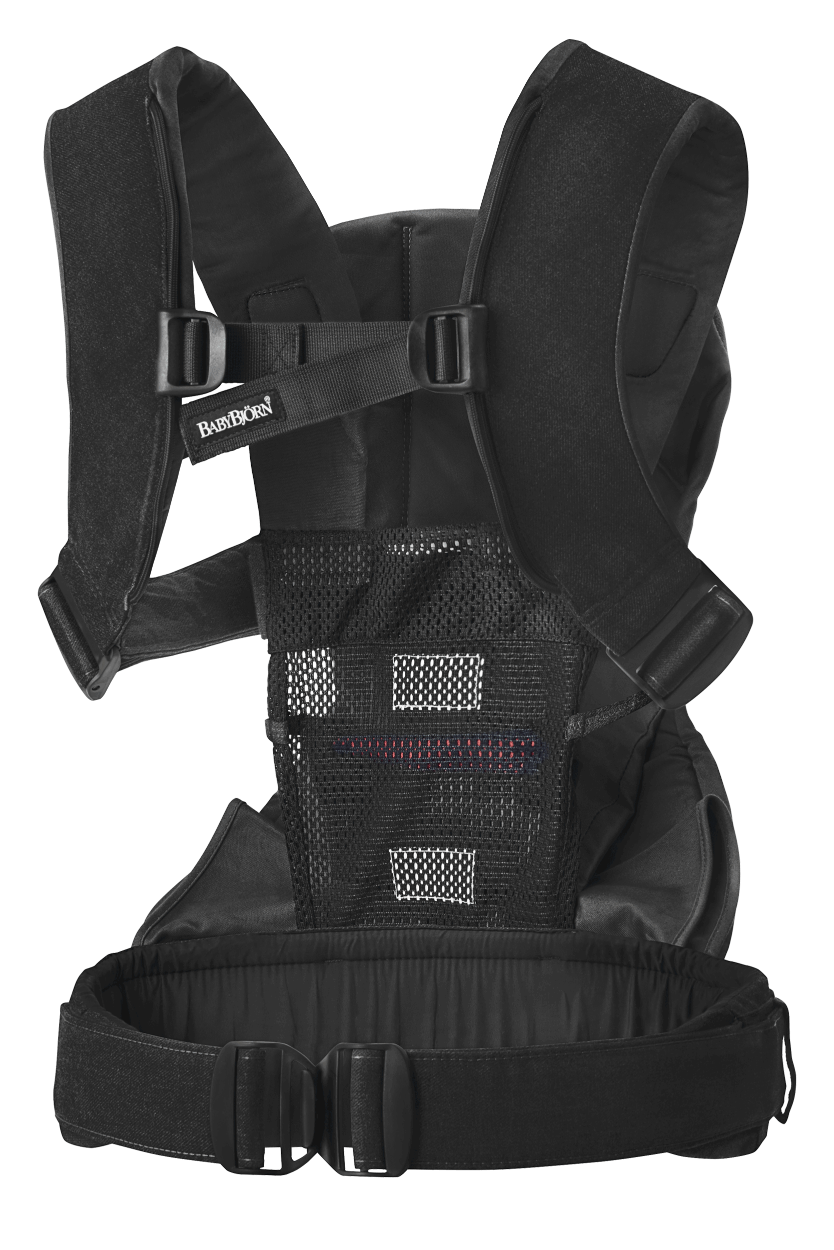 Baby Carrier One in Black woven with sturdy back support and waist belt