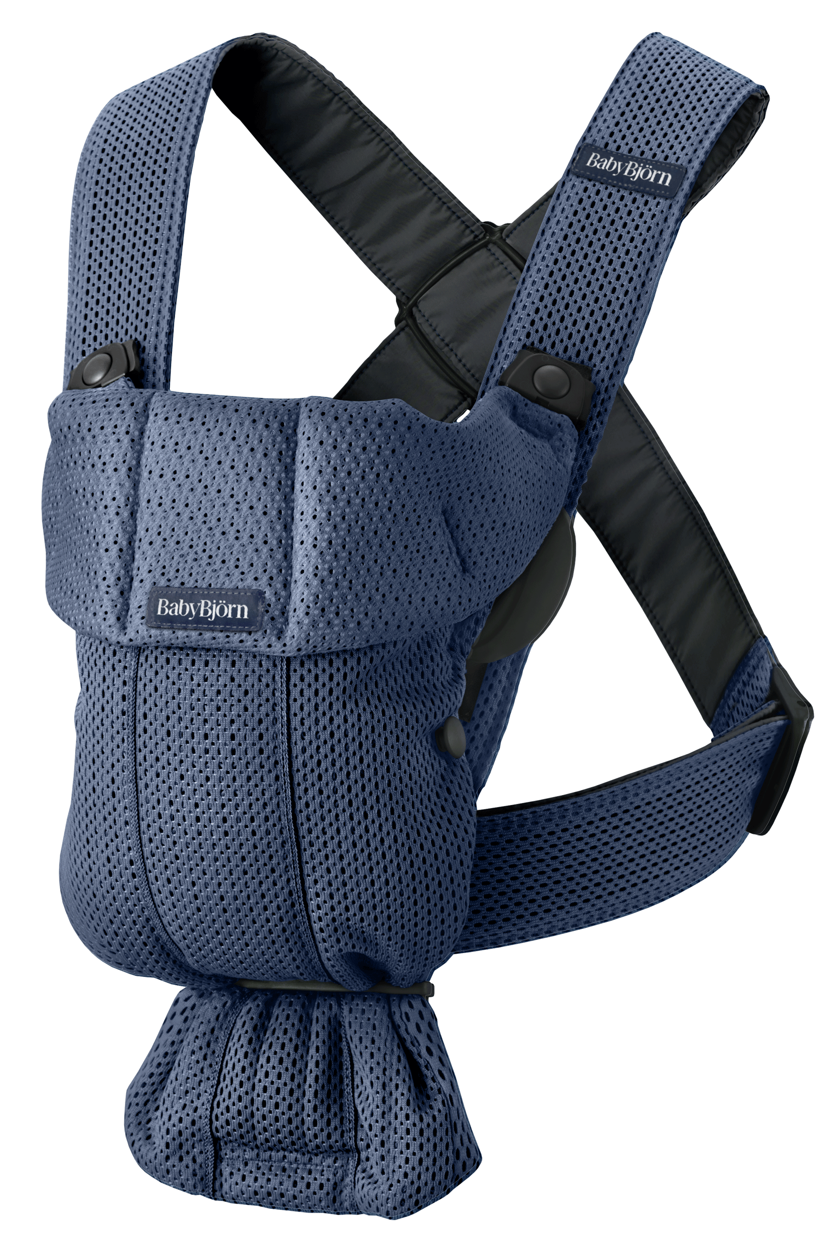 Blue mesh baby carrier with adjustable black straps and ergonomic design.