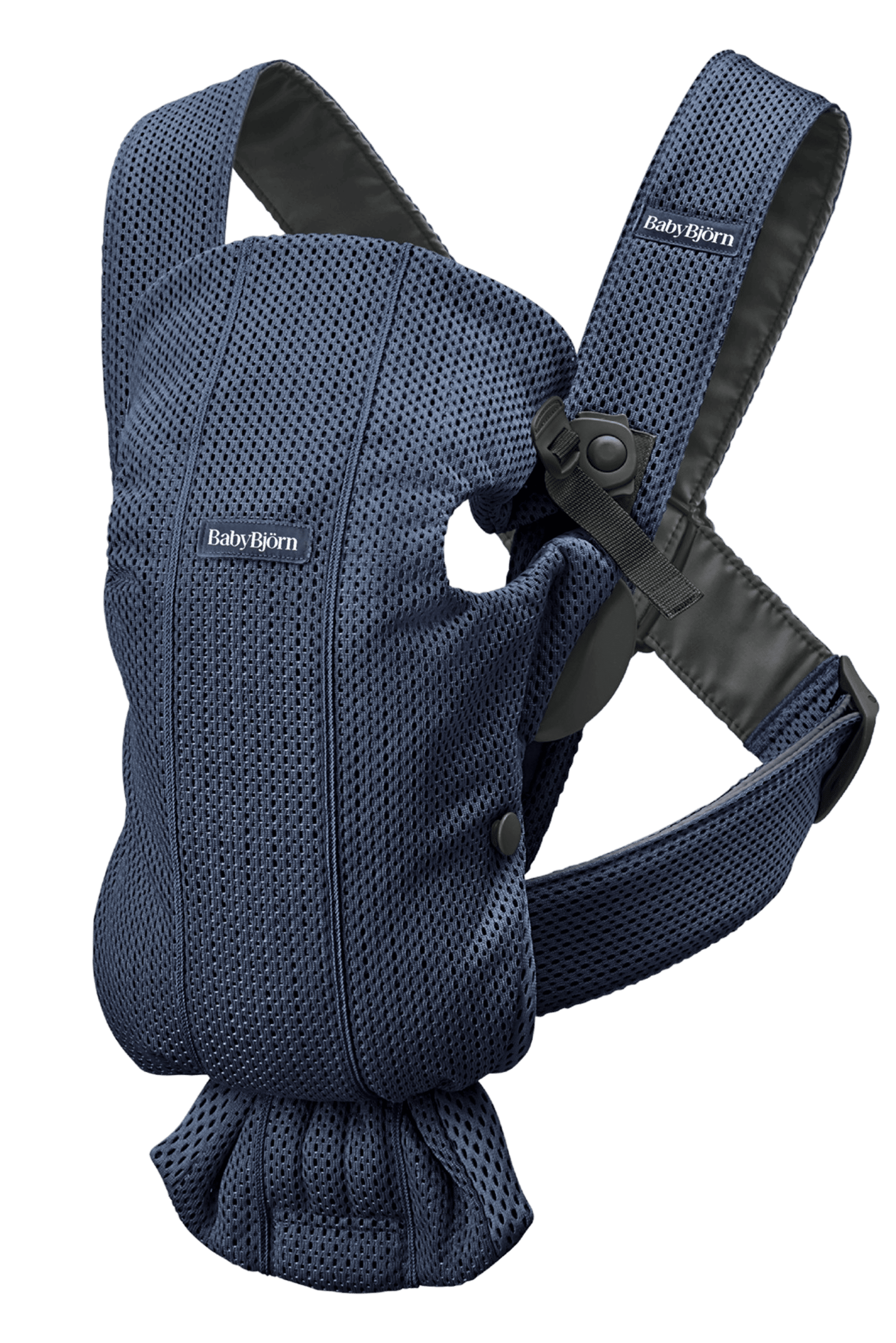 Dark blue BabyBjörn baby carrier with breathable mesh fabric, adjustable straps, and ergonomic design for comfortable carrying.