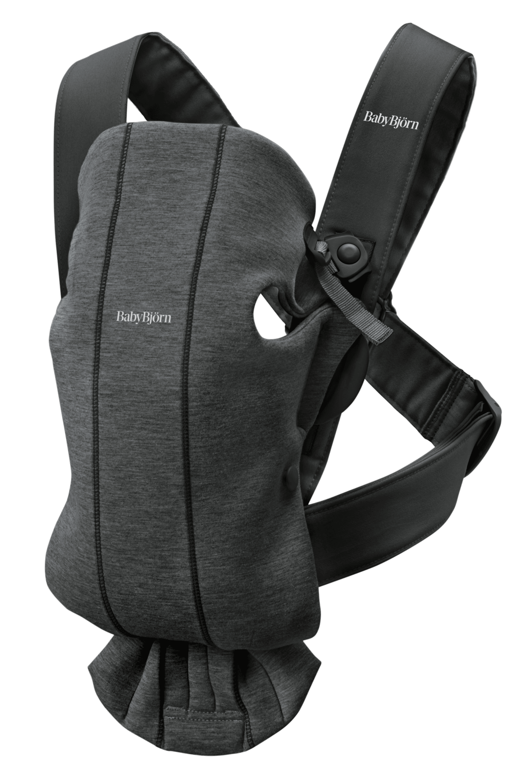 A gray BabyBjörn baby carrier featuring adjustable straps and ergonomic design, suitable for carrying infants comfortably.