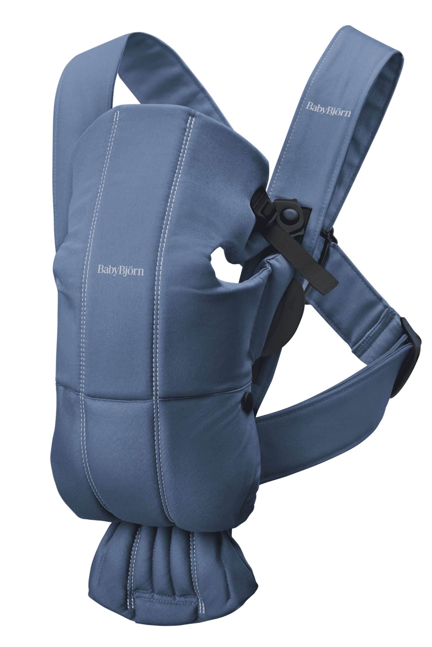 Blue BabyBjörn baby carrier with adjustable straps and cushioned support, designed for comfortable carrying.