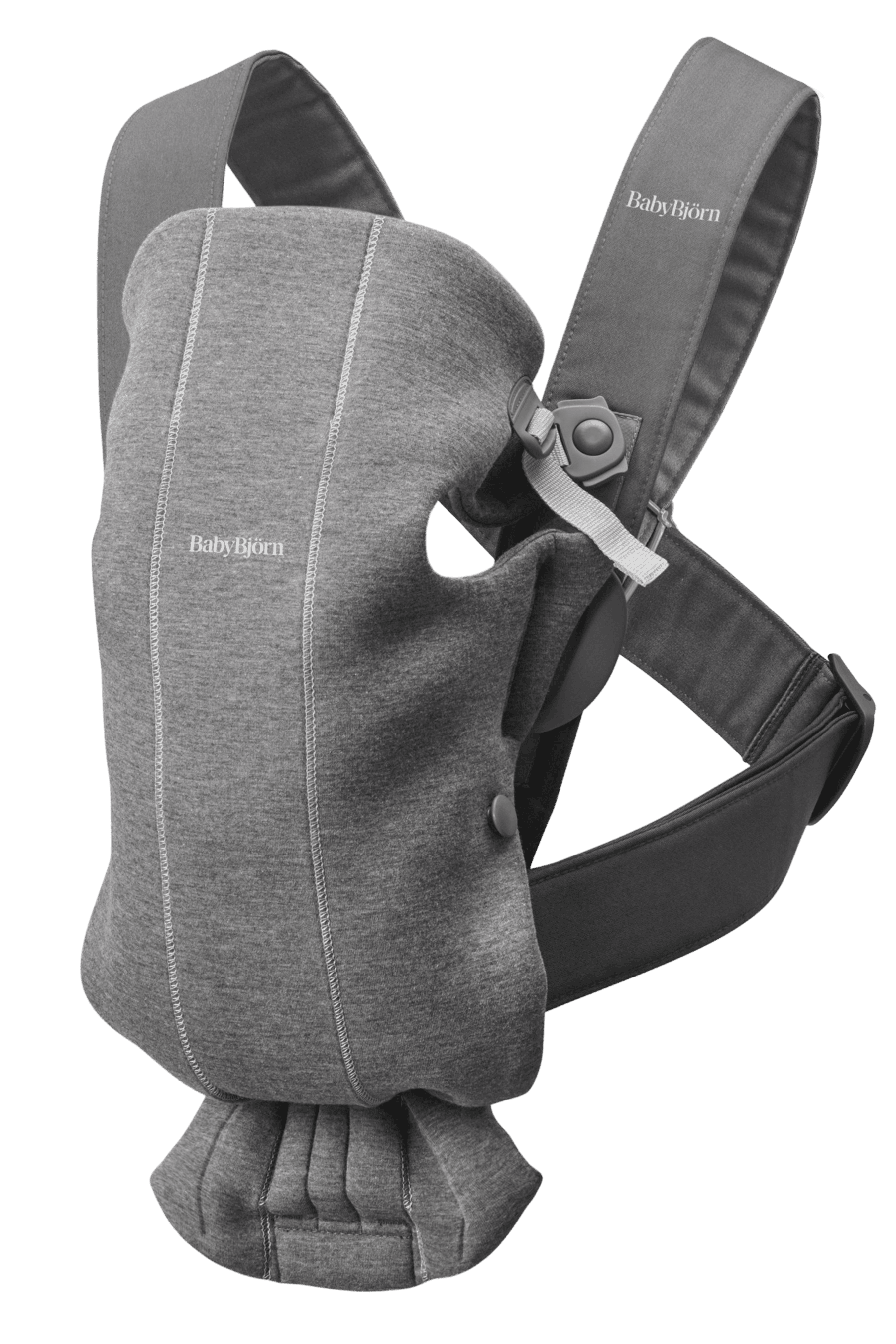 Gray BabyBjörn baby carrier with adjustable straps and ergonomic design, featuring soft fabric and secure fastenings.