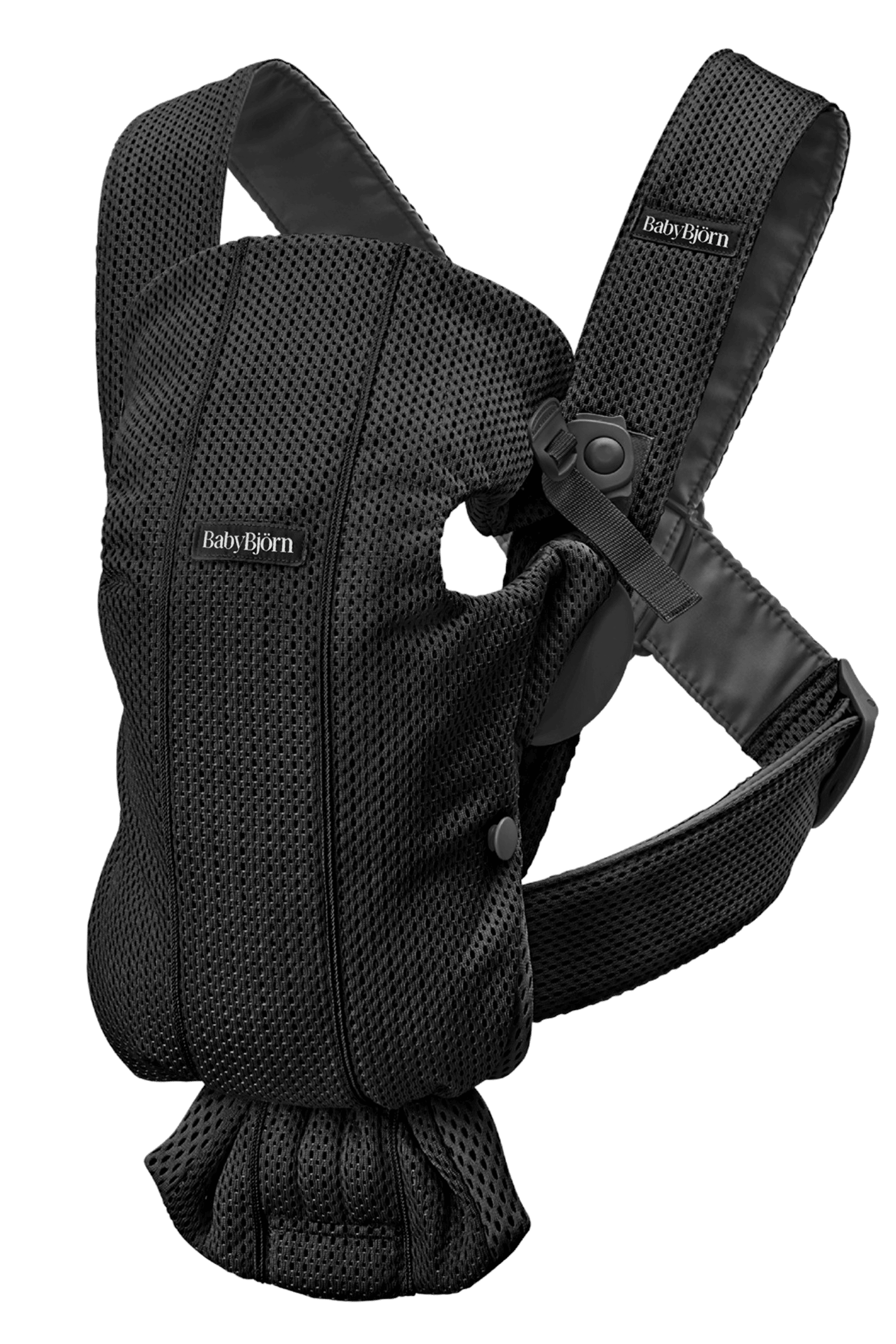 Black mesh baby carrier with adjustable straps, ergonomic design, and a small pocket on the front.
