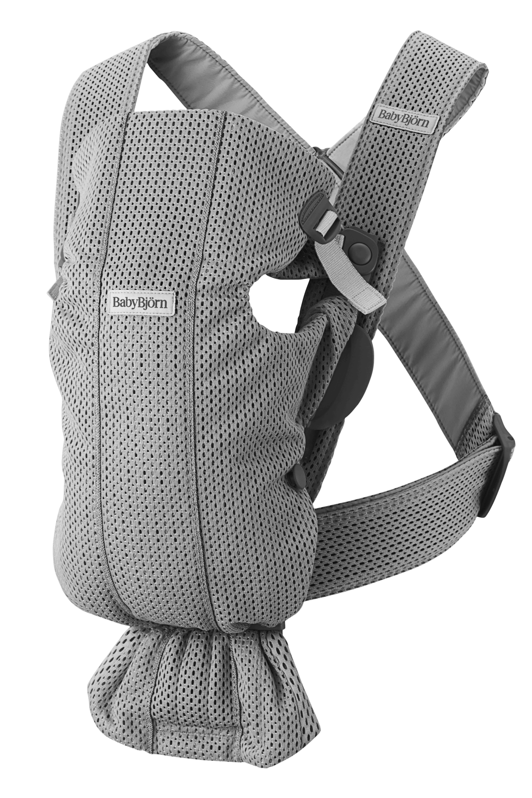 light Gray BabyBjörn baby carrier with adjustable straps and breathable mesh fabric, designed for ergonomic baby support and comfort.