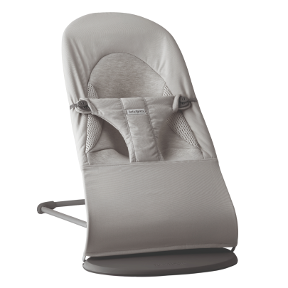 Gray baby bouncer with a soft fabric seat, harness, and minimalist metal frame, designed for comfort and safety.
